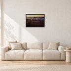 The Big Show, Pipeline 1975 by Peter Crawford — 60 × 40 cm, black frame, shown in a light minimalist living room.