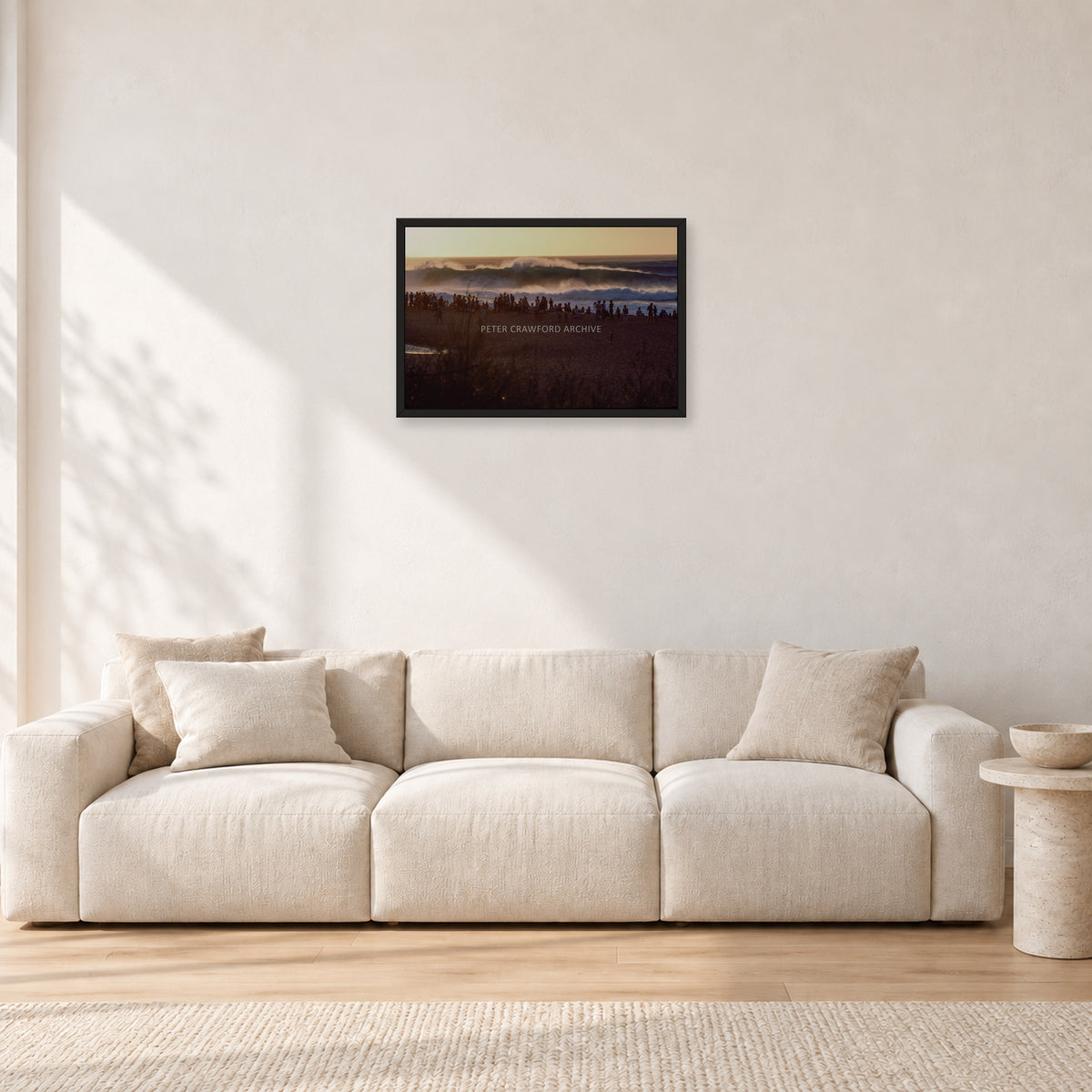 The Big Show, Pipeline 1975 by Peter Crawford — 60 × 40 cm, black frame, shown in a light minimalist living room.