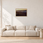 The Big Show, Pipeline 1975 by Peter Crawford — 60 × 40 cm, hayseed frame, shown in a light minimalist living room.