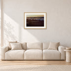 The Big Show, Pipeline 1975 by Peter Crawford — 60 × 40 cm, hayseed frame with white mat, shown in a light minimalist living room.