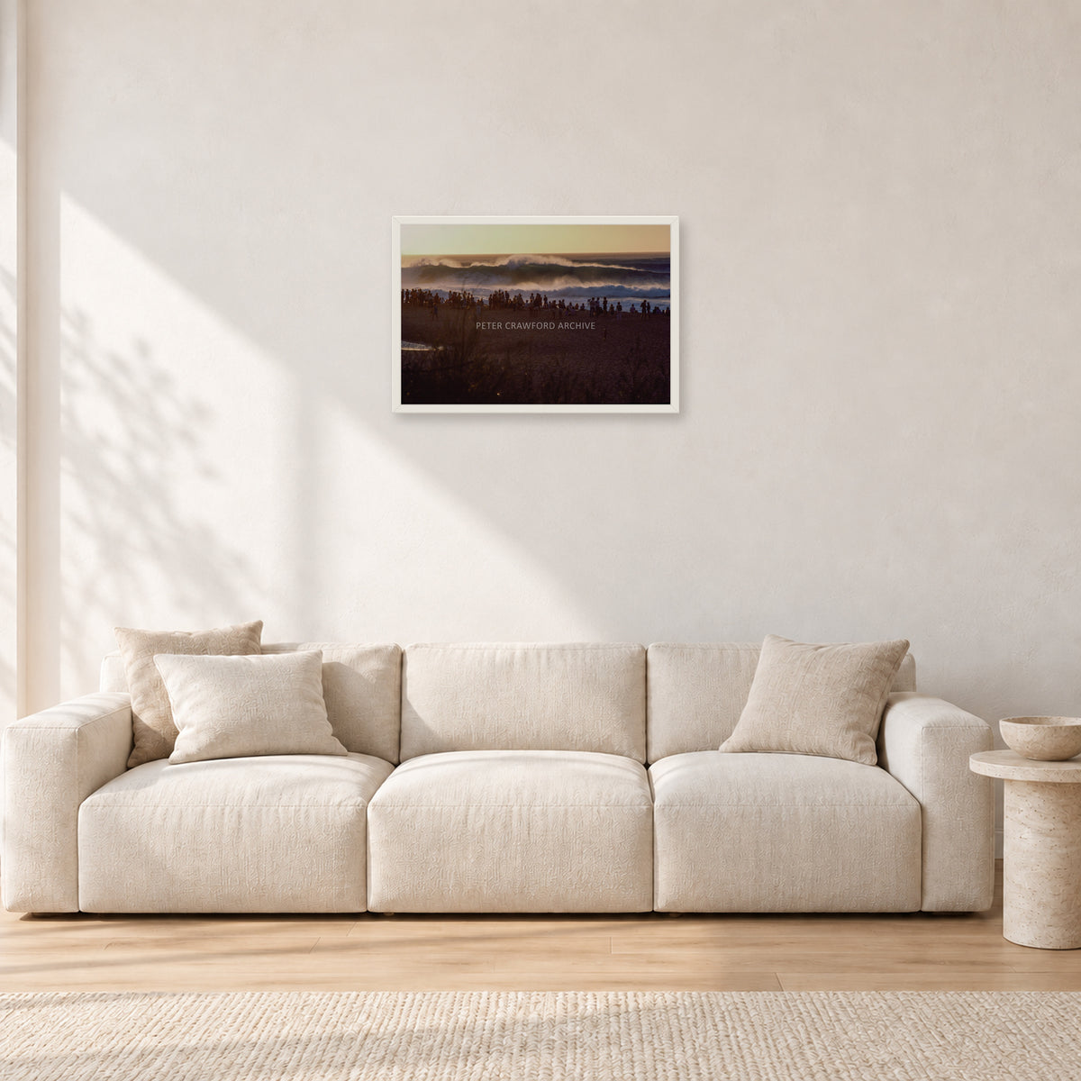 The Big Show, Pipeline 1975 by Peter Crawford — 60 × 40 cm, white frame, shown in a light minimalist living room.