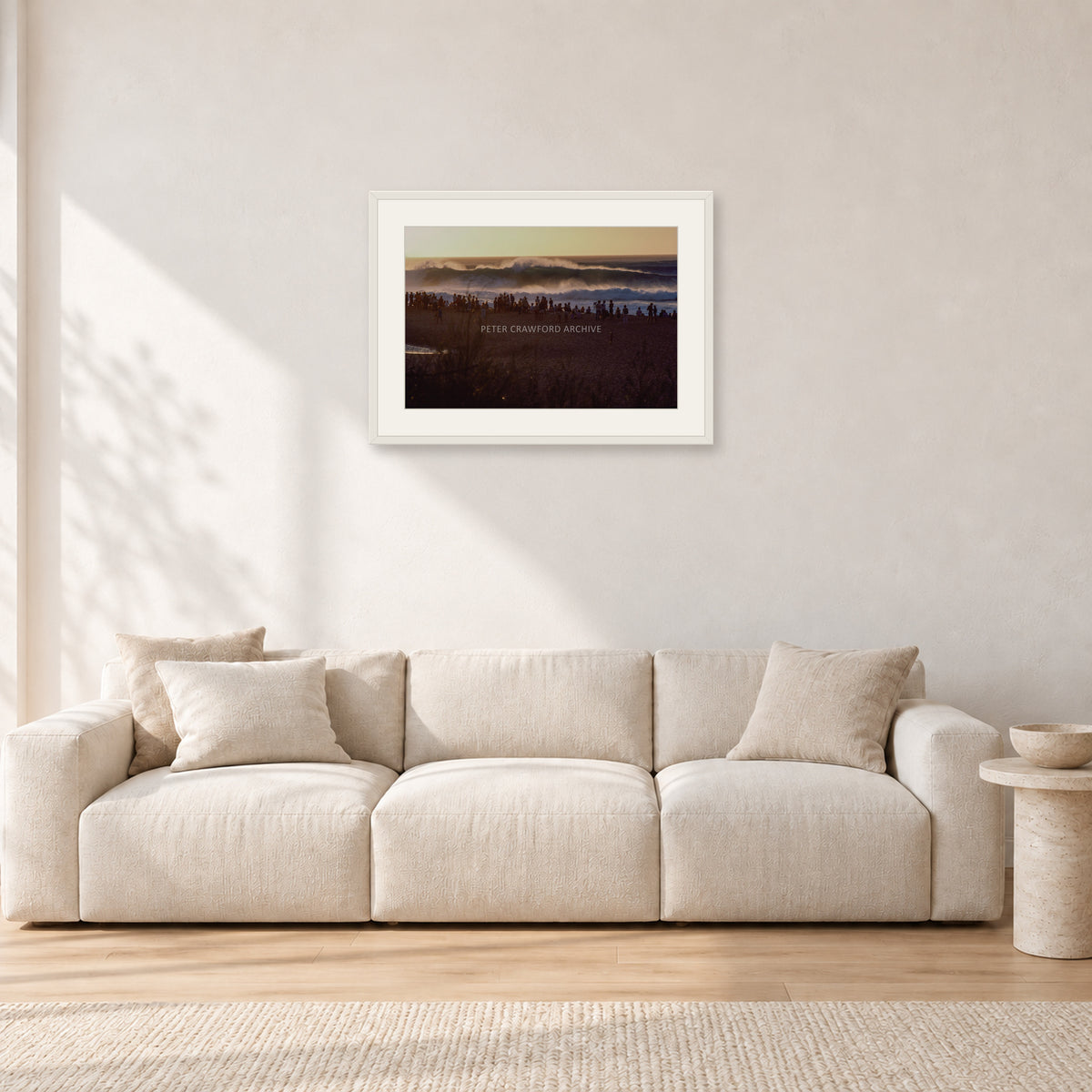 The Big Show, Pipeline 1975 by Peter Crawford — 60 × 40 cm, white frame with white mat, shown in a light minimalist living room.