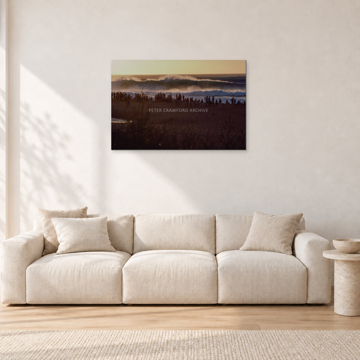The Big Show, Pipeline 1975 by Peter Crawford — 90 × 60 cm, aluminium-mounted resin print, shown in a light minimalist living room.