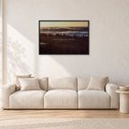 The Big Show, Pipeline 1975 by Peter Crawford — 90 × 60 cm, black frame, shown in a light minimalist living room.