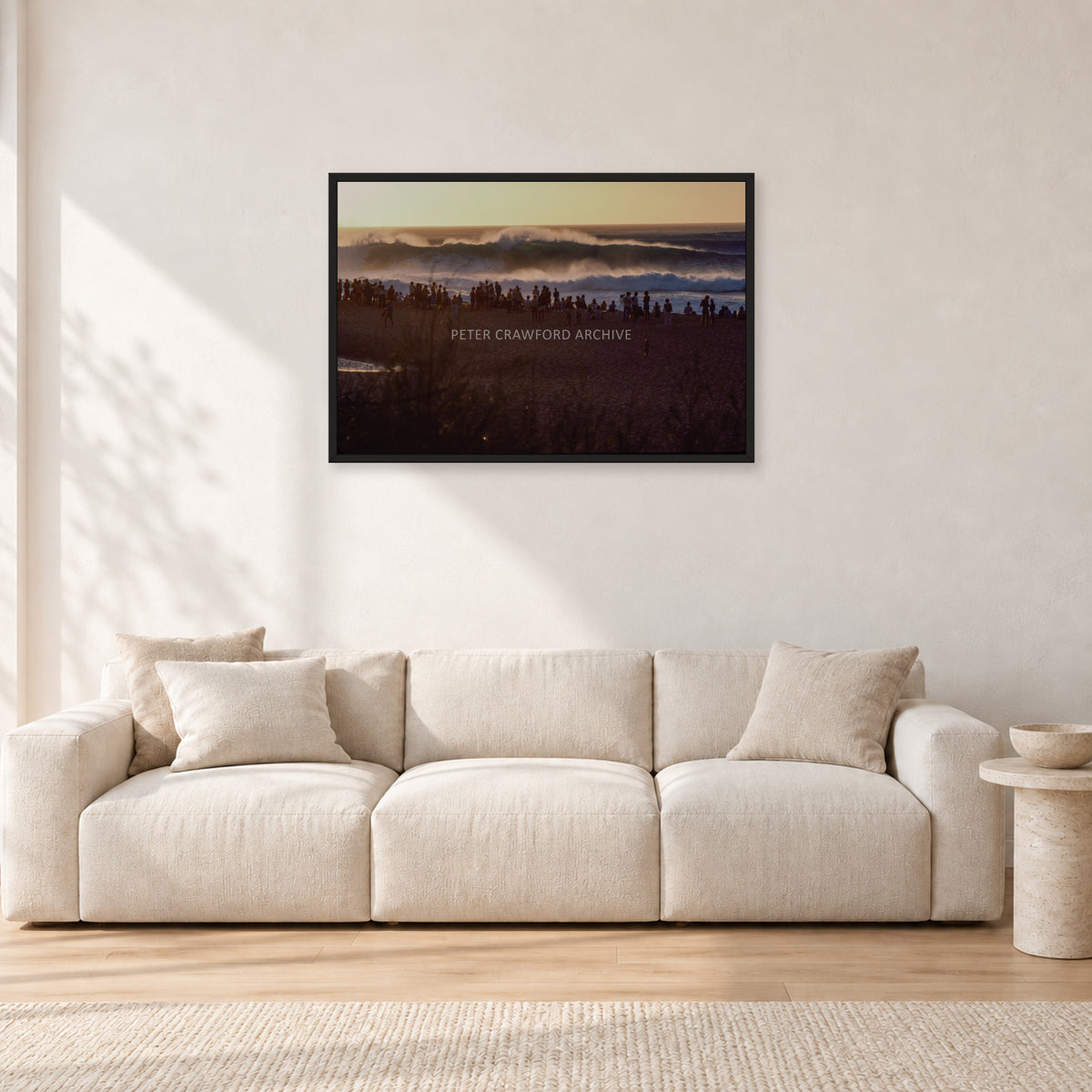 The Big Show, Pipeline 1975 by Peter Crawford — 90 × 60 cm, black frame, shown in a light minimalist living room.