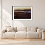 The Big Show, Pipeline 1975 by Peter Crawford — 90 × 60 cm, black frame with white mat, shown in a light minimalist living room.
