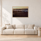 The Big Show, Pipeline 1975 by Peter Crawford — 90 × 60 cm, hayseed frame, shown in a light minimalist living room.
