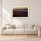 The Big Show, Pipeline 1975 by Peter Crawford — 90 × 60 cm, hayseed frame with white mat, shown in a light minimalist living room.