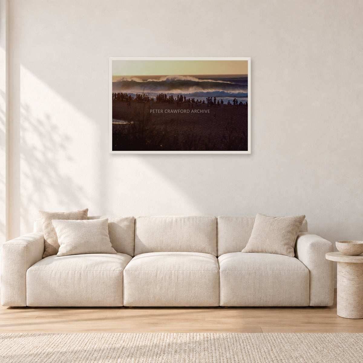 The Big Show, Pipeline 1975 by Peter Crawford — 90 × 60 cm, white frame, shown in a light minimalist living room.