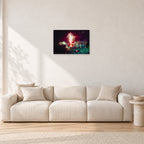 Tom Carroll and Aaron Chang, Waimea 1985 by Peter Crawford — 60 × 40 cm, aluminium-mounted resin print, shown in a light minimalist living room.