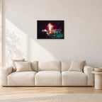 Tom Carroll and Aaron Chang, Waimea 1985 by Peter Crawford — 60 × 40 cm, black frame, shown in a light minimalist living room.