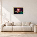Tom Carroll and Aaron Chang, Waimea 1985 by Peter Crawford — 60 × 40 cm, hayseed frame, shown in a light minimalist living room.