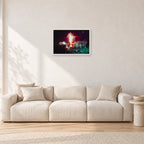 Tom Carroll and Aaron Chang, Waimea 1985 by Peter Crawford — 60 × 40 cm, white frame, shown in a light minimalist living room.