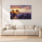 Turtle Bay Dusk by Peter Crawford — 120 × 80 cm, aluminium-mounted resin print, shown in a light minimalist living room.