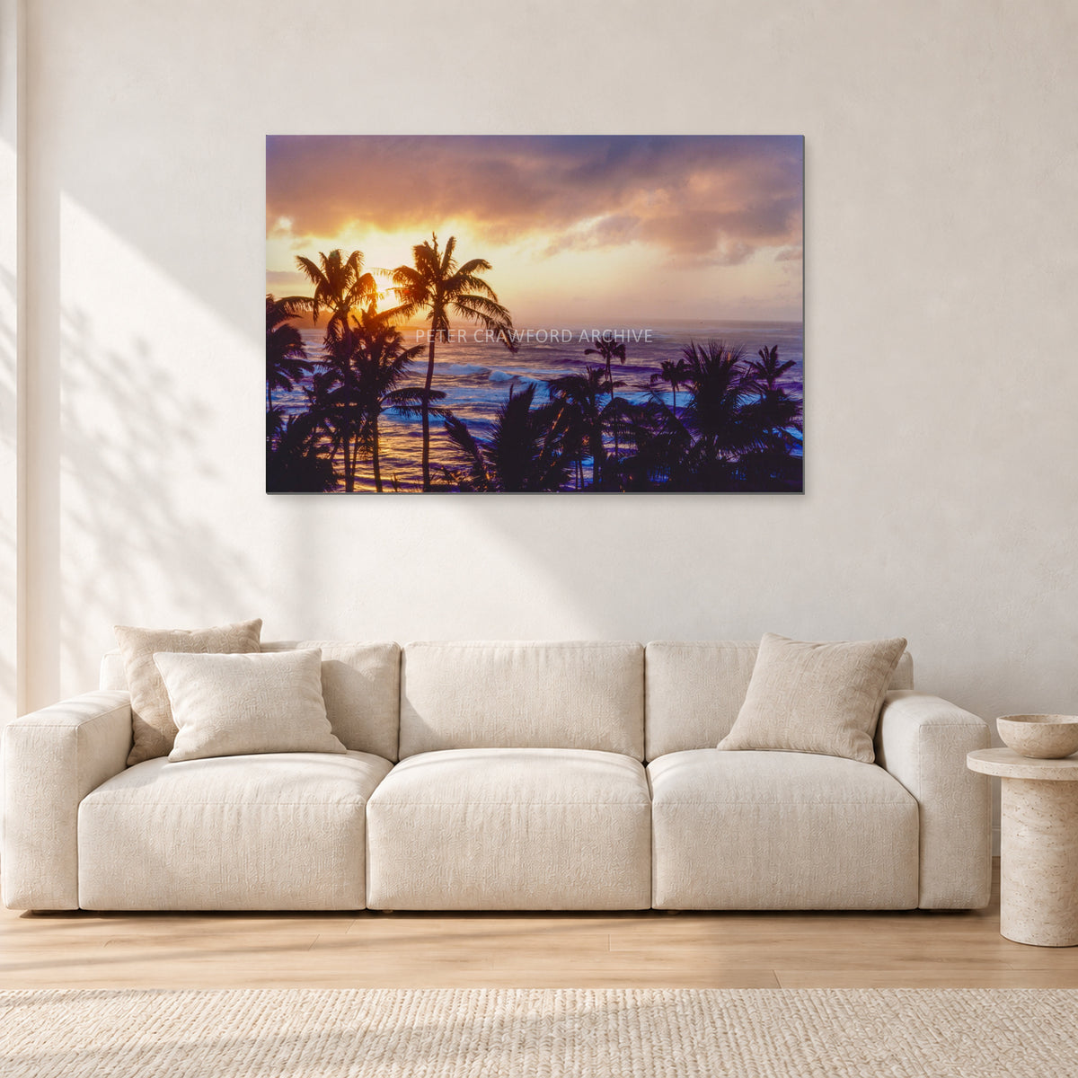 Turtle Bay Dusk by Peter Crawford — 120 × 80 cm, aluminium-mounted resin print, shown in a light minimalist living room.