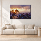 Turtle Bay Dusk by Peter Crawford — 120 × 80 cm, black frame, shown in a light minimalist living room.