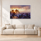 Turtle Bay Dusk by Peter Crawford — 120 × 80 cm, white frame, shown in a light minimalist living room.