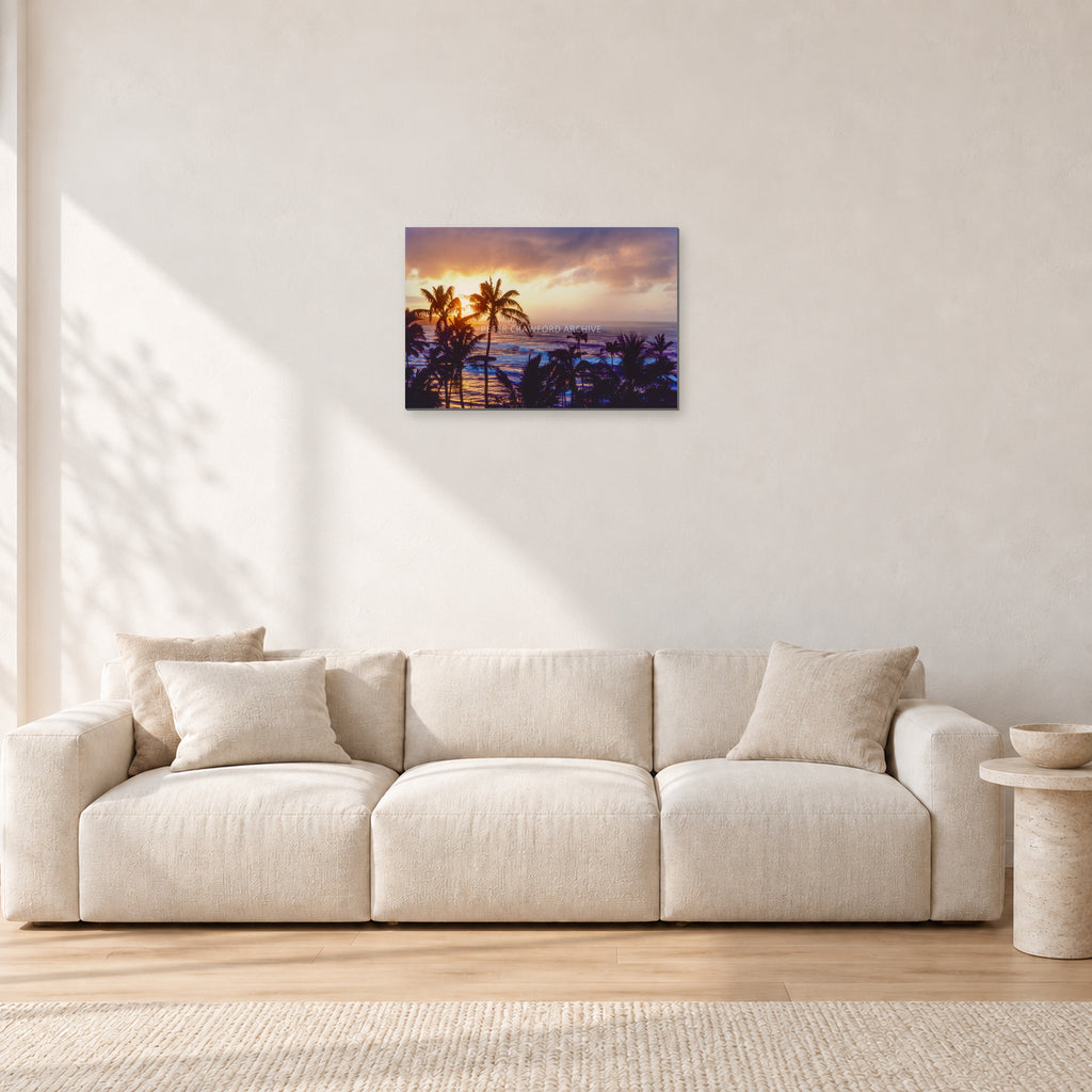 Turtle Bay Dusk by Peter Crawford — 60 × 40 cm, aluminium-mounted resin print, shown in a light minimalist living room.
