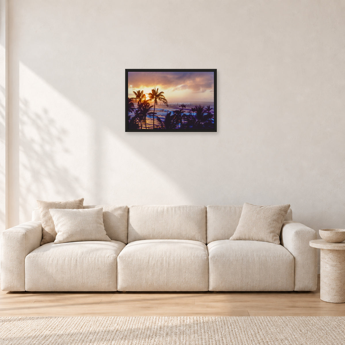 Turtle Bay Dusk by Peter Crawford — 60 × 40 cm, black frame, shown in a light minimalist living room.