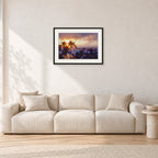 Turtle Bay Dusk by Peter Crawford — 60 × 40 cm, black frame with white mat, shown in a light minimalist living room.