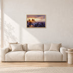 Turtle Bay Dusk by Peter Crawford — 60 × 40 cm, hayseed frame, shown in a light minimalist living room.