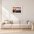 Turtle Bay Dusk by Peter Crawford — 60 × 40 cm, hayseed frame with white mat, shown in a light minimalist living room.