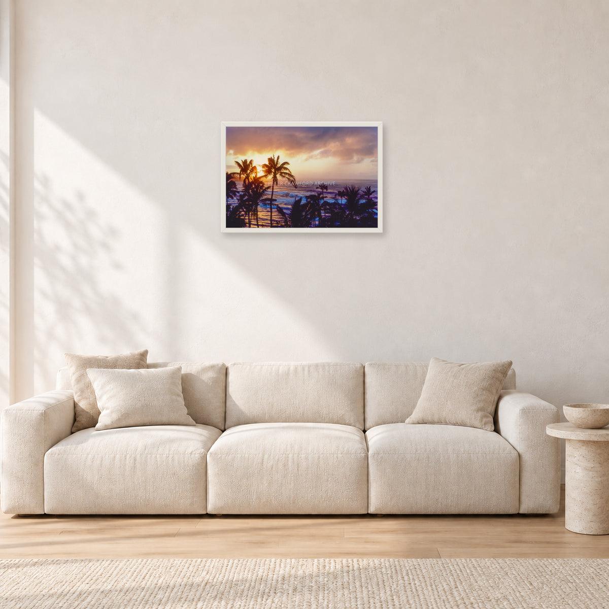 Turtle Bay Dusk by Peter Crawford — 60 × 40 cm, white frame, shown in a light minimalist living room.
