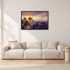 Turtle Bay Dusk by Peter Crawford — 90 × 60 cm, black frame, shown in a light minimalist living room.