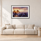 Turtle Bay Dusk by Peter Crawford — 90 × 60 cm, black frame with white mat, shown in a light minimalist living room.