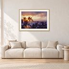 Turtle Bay Dusk by Peter Crawford — 90 × 60 cm, hayseed frame with white mat, shown in a light minimalist living room.