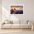 Turtle Bay Dusk by Peter Crawford — 90 × 60 cm, white frame with white mat, shown in a light minimalist living room.