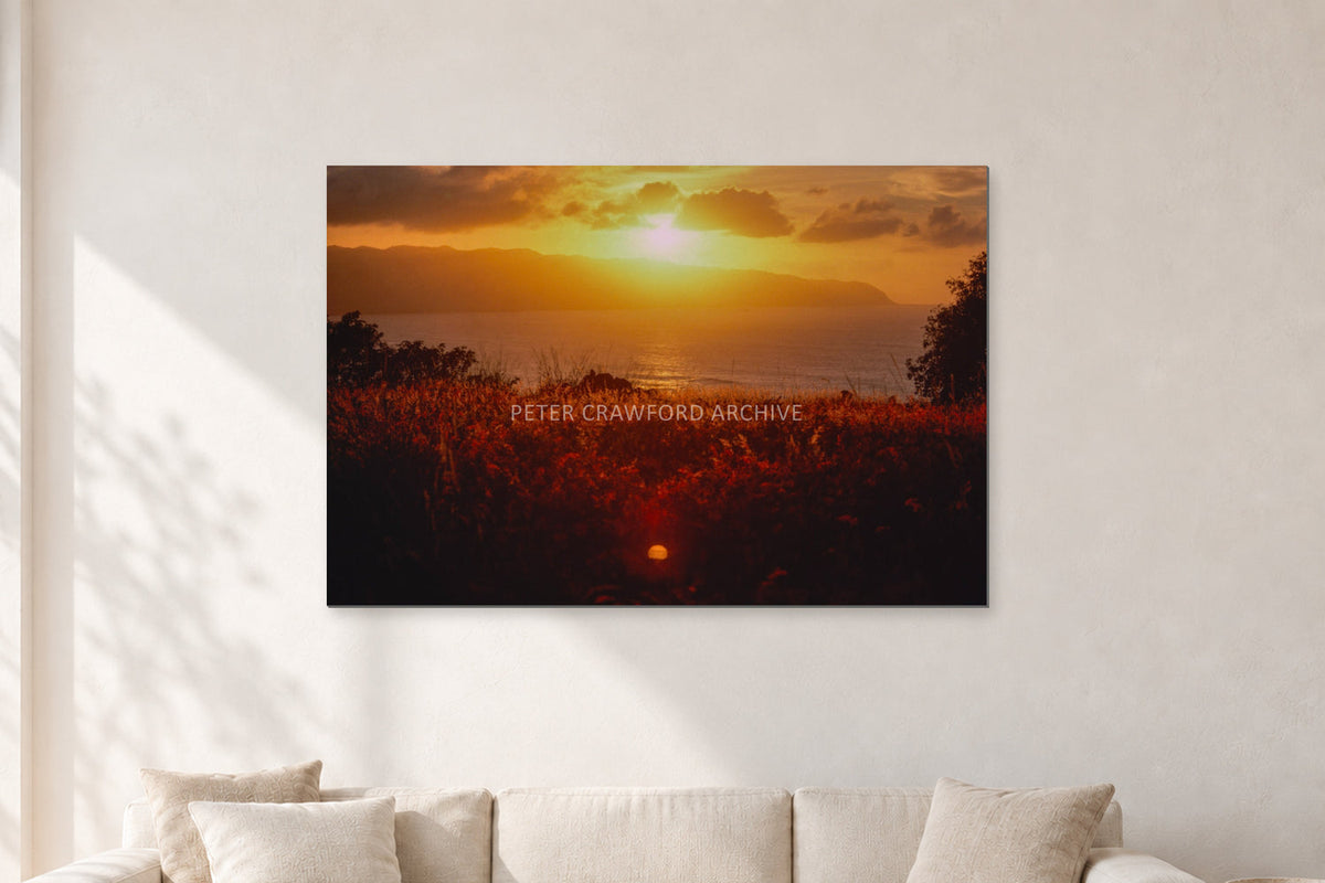 Waimea Dusk by Peter Crawford — 120 × 80 cm, aluminium-mounted resin print, shown in a light minimalist living room.
