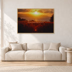 Waimea Dusk by Peter Crawford — 120 × 80 cm, hayseed frame, shown in a light minimalist living room.