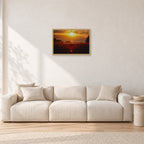 Waimea Dusk by Peter Crawford — 60 × 40 cm, hayseed frame, shown in a light minimalist living room.