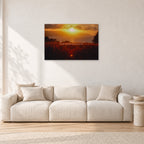 Waimea Dusk by Peter Crawford — 90 × 60 cm, aluminium-mounted resin print, shown in a light minimalist living room.
