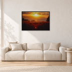 Waimea Dusk by Peter Crawford — 90 × 60 cm, black frame, shown in a light minimalist living room.