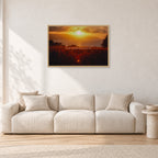 Waimea Dusk by Peter Crawford — 90 × 60 cm, hayseed frame, shown in a light minimalist living room.