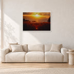 Waimea Dusk by Peter Crawford — 90 × 60 cm, white frame, shown in a light minimalist living room.