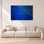 Whale Shark Feeders by Peter Crawford — 120 × 80 cm, aluminium-mounted resin print, shown in a light minimalist living room.