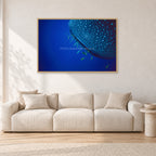 Whale Shark Feeders by Peter Crawford — 120 × 80 cm, hayseed frame, shown in a light minimalist living room.