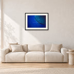 Whale Shark Feeders by Peter Crawford — 60 × 40 cm, black frame with white mat, shown in a light minimalist living room.