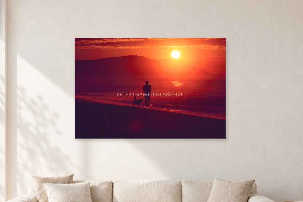 Winter Sun, Collaroy by Peter Crawford — 120 × 80 cm, aluminium-mounted resin print, shown in a light minimalist living room.