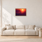 Winter Sun, Collaroy by Peter Crawford — 60 × 40 cm, hayseed frame, shown in a light minimalist living room.