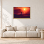 Winter Sun, Collaroy by Peter Crawford — 90 × 60 cm, hayseed frame, shown in a light minimalist living room.