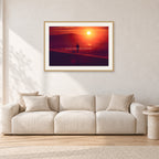 Winter Sun, Collaroy by Peter Crawford — 90 × 60 cm, hayseed frame with white mat, shown in a light minimalist living room.